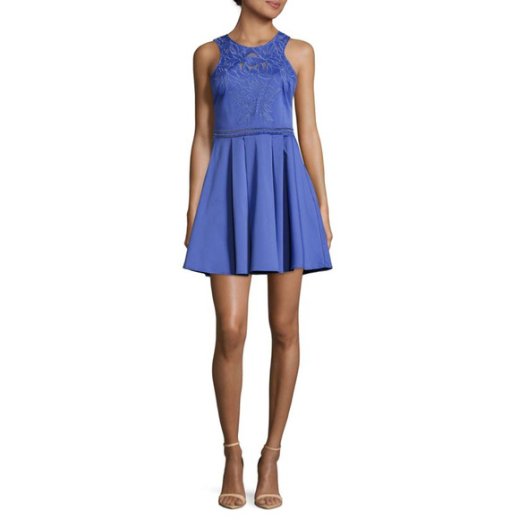 Parker Mini Dress Small Cobalt Blue Embroidered Fit & Flare Sleeveless Cocktail - Picture 1 of 13